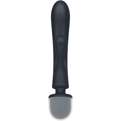 Massageador corporal preto com ponta arredondada cinza e letras SF