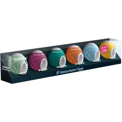 Conjunto de seis ovos masturbadores coloridos da marca Satisfyer em embalagem preta