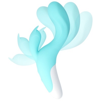 Vibrador azul claro e branco com design anatómico e asas flexíveis