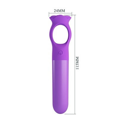 Dispositivo vibratório roxo com botão e dimensões indicadas