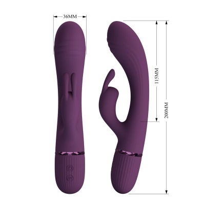 Vibrador roxo em silicone com medidas indicadas e comandos no manípulo