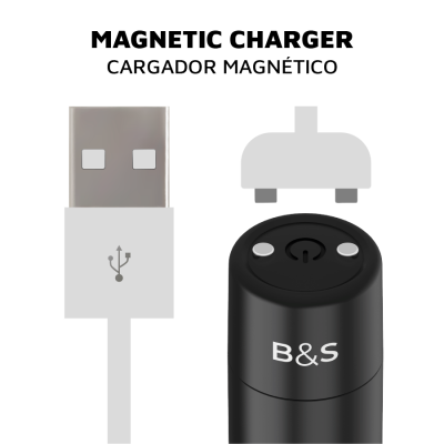 Carregador magnético com conector USB branco e dispositivo preto com marca B&S