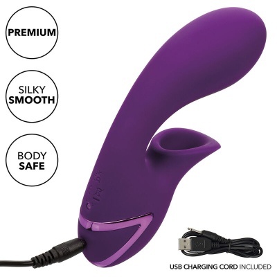 Vibrador roxo com cabo USB e texto promocional