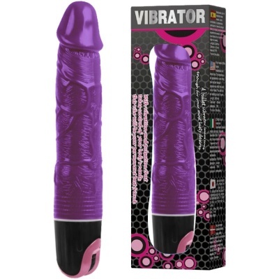 Vibrador roxo com embalagem preta decorada com círculos cor de rosa