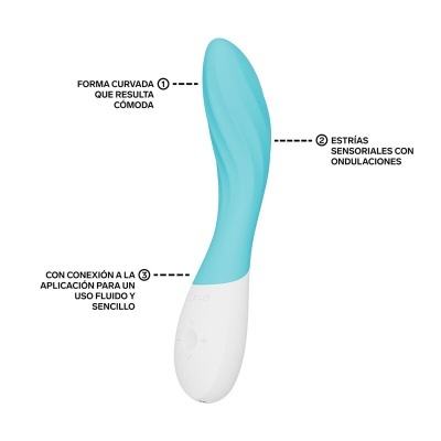 Vibrador azul claro curvado com base branca e texto explicativo em espanhol