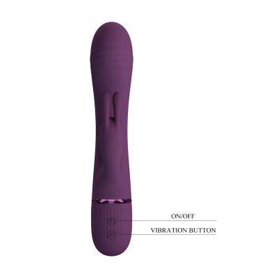 Vibrador roxo com botões de controlo e extensão lateral em forma de coelho