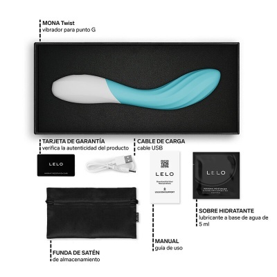 Conjunto com vibrador MONA Twist azul e branco e acessórios
