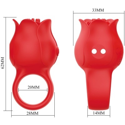 Anel vermelho em forma de rosa com dimensões indicadas em milímetros