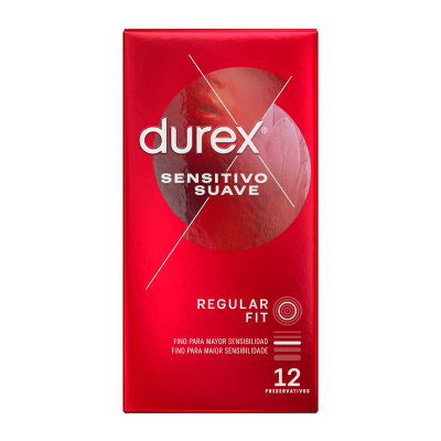 Embalagem vermelha de preservativos Durex Sensitivo Suave regular fit com 12 unidades