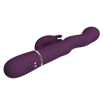 vibrador roxo em silicone com acessório menor e base cromada