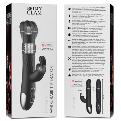 Embalagem branca e preta com vibrador preto tipo coelho e texto do produto Brilly Glam Moebius