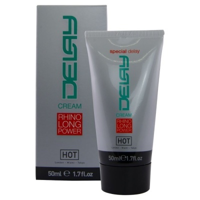 Creme DELAY com embalagem branca e caixa cinza com texto em vermelho, verde e preto