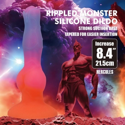 Dildo de silicone vermelho e roxo com base de sucção e figura masculina vermelha muscular ao fundo