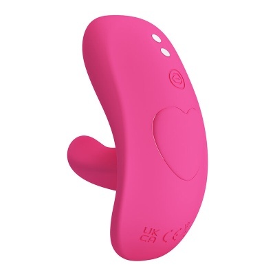 Dispositivo rosa de silicone com botão em forma de coração e inscrições UK CA e CE