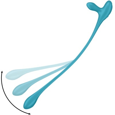 Brinquedo azul em silicone flexível com forma curva e alongada em fundo branco