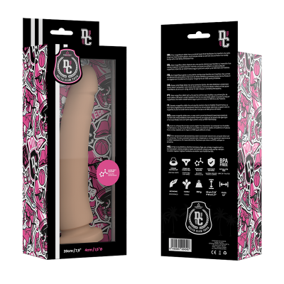 Suporte em forma de dildo cor de pele em embalagem gráfica preto e rosa com texto DC DESIGN COLLECTION