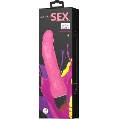 Embalagem preta com vibrador rosa em formato de pénis.