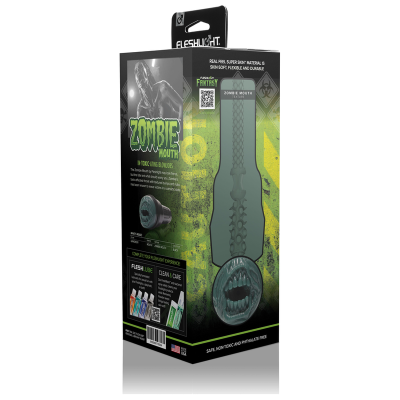 Embalagem do produto Fleshlight Fantasy Zombie Mouth em silicone verde escuro com textura e bocas zumbis