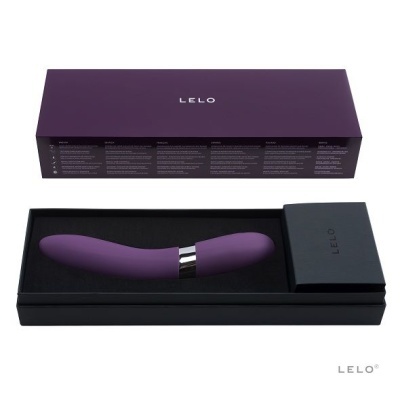 Vibrador roxo LELO em estojo preto com embalagem roxa e texto LELO