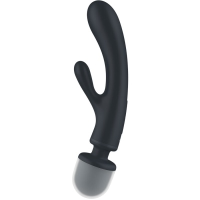 Vibrador preto curvo com base cinza sobre fundo branco