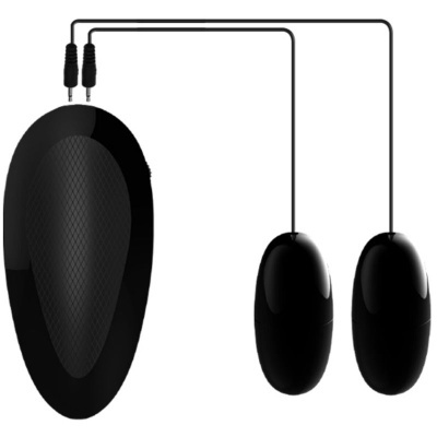 Dispositivo eletrónico preto com duas peças ovais ligadas por cabos