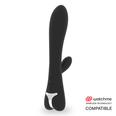 Vibrador preto anatómico com braço auxiliar e ícones CE e reciclagem
