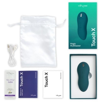 Dispositivo Touch X azul escuro com cabo USB, saco branco, embalagem e manuais