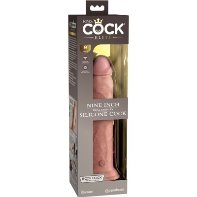 Dildo de silicone na embalagem com texto KING COCK ELITE e NINE INCH SILICONE COCK.