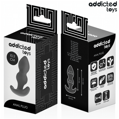 Embalagem preta e branca de brinquedo anal plug da addicted toys com informações de uso e características.