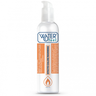 Frasco de gel Water Feel com tampa doseadora e etiquetas azul e laranja.
