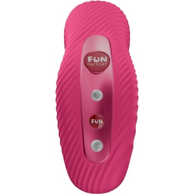 Dispositivo erótico cor-de-rosa com botões FUN FACTORY e FUN no centro