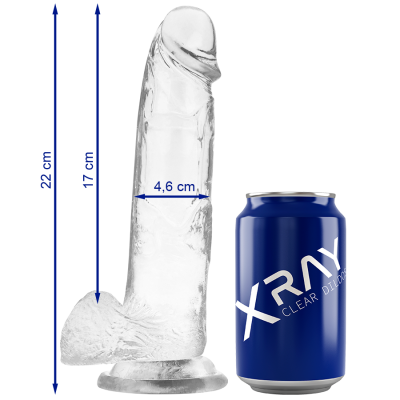 Dildo transparente ao lado de uma lata azul com texto 'XRAY CLEAR Dildo'