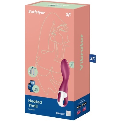 Caixa do vibrador Satisfyer Heated Thrill com texto e ícones de funcionalidades