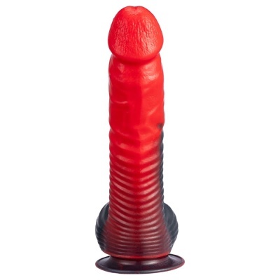 Dildo vermelho e preto com ventosa e textura estriada