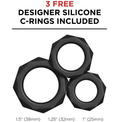 Três anéis C de silicone pretos facetados em três tamanhos com texto promocional