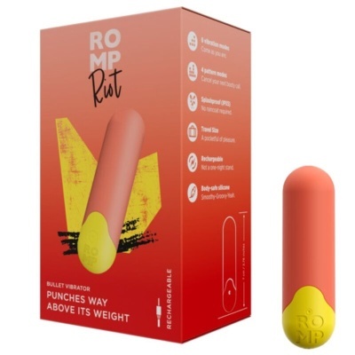 Bullet vibrator vermelho-alaranjado e amarelo com caixa vermelha e amarela com texto