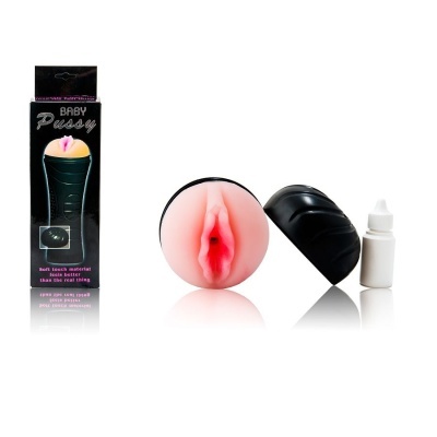 Masturbador masculino Baby Pussy com tampa preta, frasco branco e caixa preta