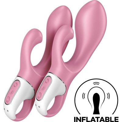 Dois vibradores rosa insufláveis com controles brancos sobre fundo branco