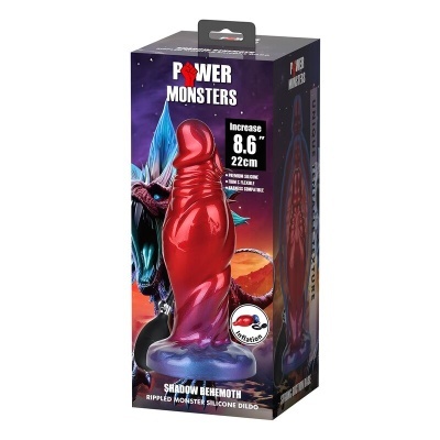 Embalagem de dildo de silicone vermelho e roxo Power Monsters Shadow Behemoth com texto em inglês.