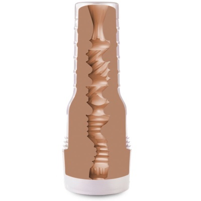 Peça cilíndrica branca com interior castanho texturizado cortado para mostrar detalhes internos