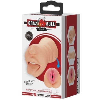 Produto adulto Crazy Bull Sarah em embalagem branca e vermelha com réplica em silicone detalhe