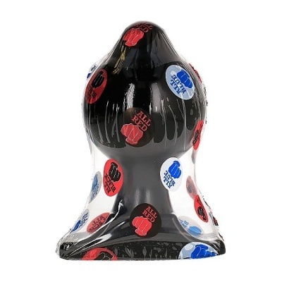 Plug anal preto enorme com autocolantes vermelhos e azuis em plástico transparente