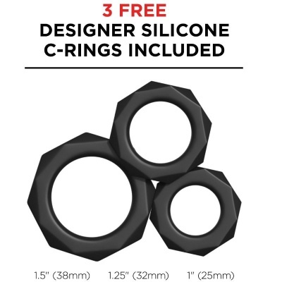 Três anéis C em silicone preto com design geométrico