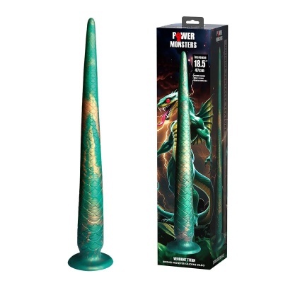 Dildo verde com escamas e embalagem com dragão