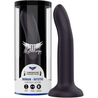 Dildo preto com embalagem transparente e preta com texto de marca e características.