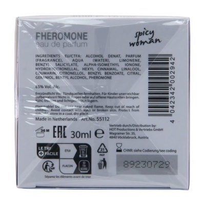 Embalagem traseira de perfume FHEROMONE com texto de ingredientes e instruções