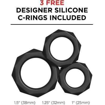 Três anéis C de silicone pretos com design facetado em tamanhos 1.5