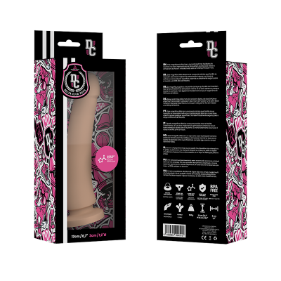 Embalagem preta com detalhes rosa e branco de produto erótico em silicone bege, com texto explicativo no verso.