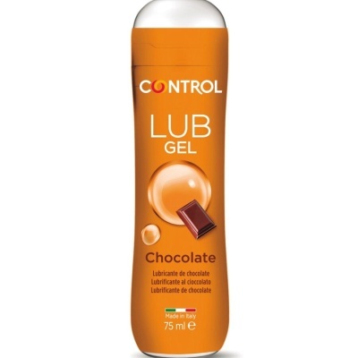 Frasco laranja de lubrificante gel sabor chocolate CONTROL 75 ml