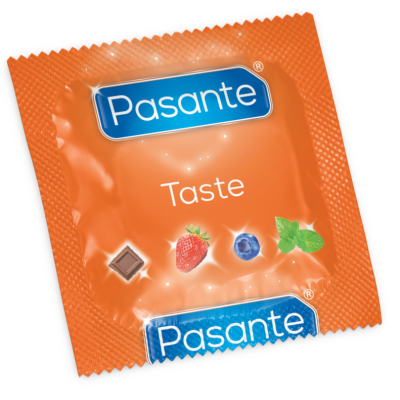 Embalagem laranja de preservativo Pasante com texto e imagens de sabores.
